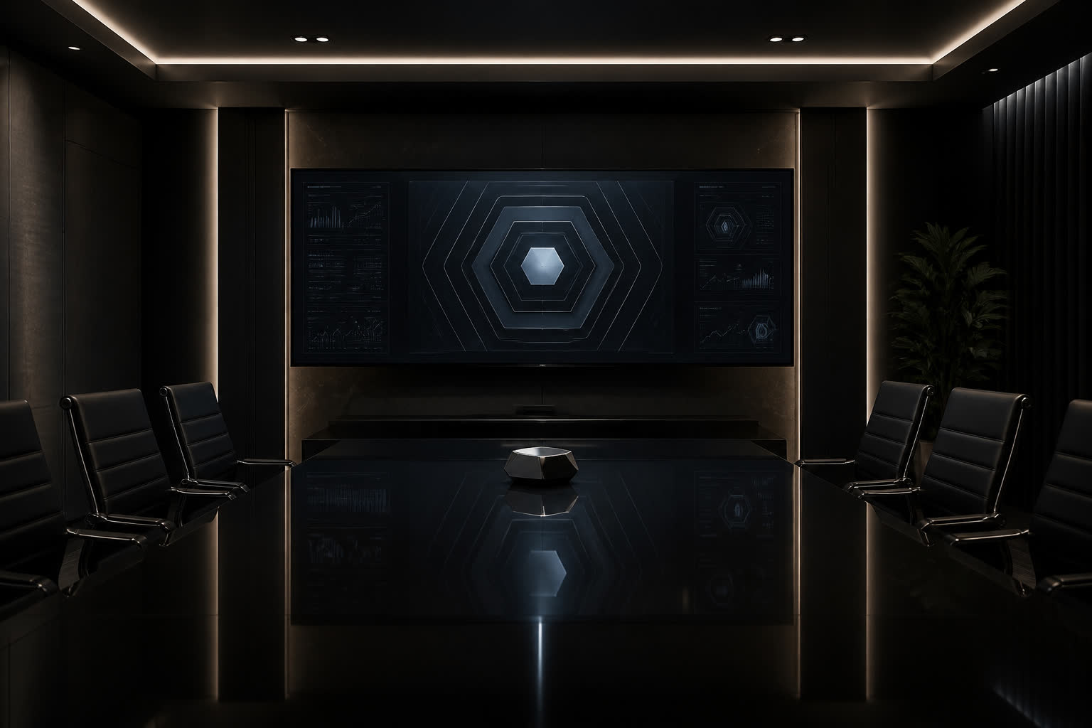 A black boardroom. A hexagonal dashboard occupies the far wall.